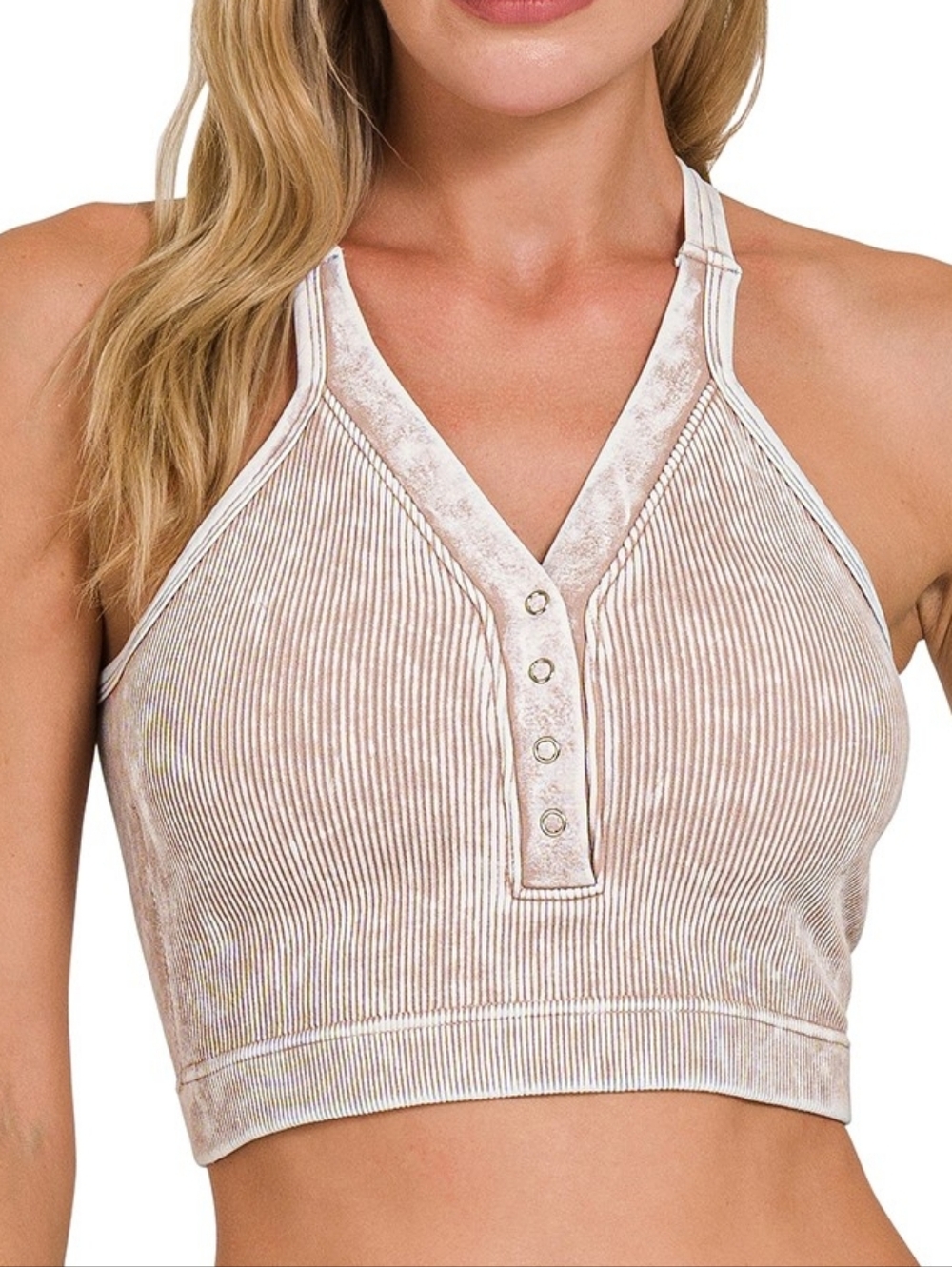 Zenana Washed Ribbed Seamless Button V-neck Tank Top - Ash Mocha